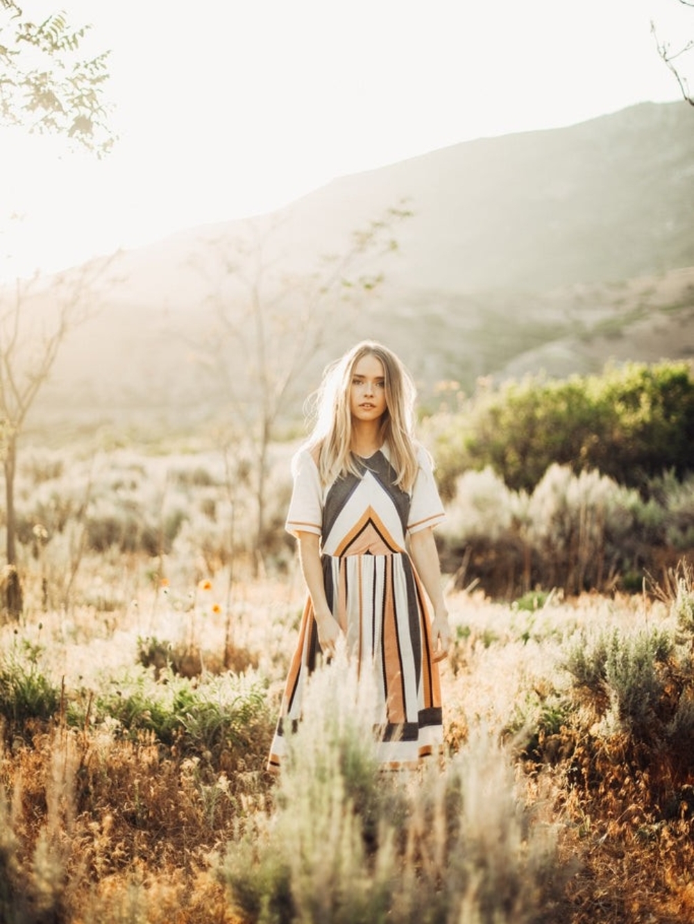 Asymmetrical Striped Midi Dress in Cream, Black & Orange